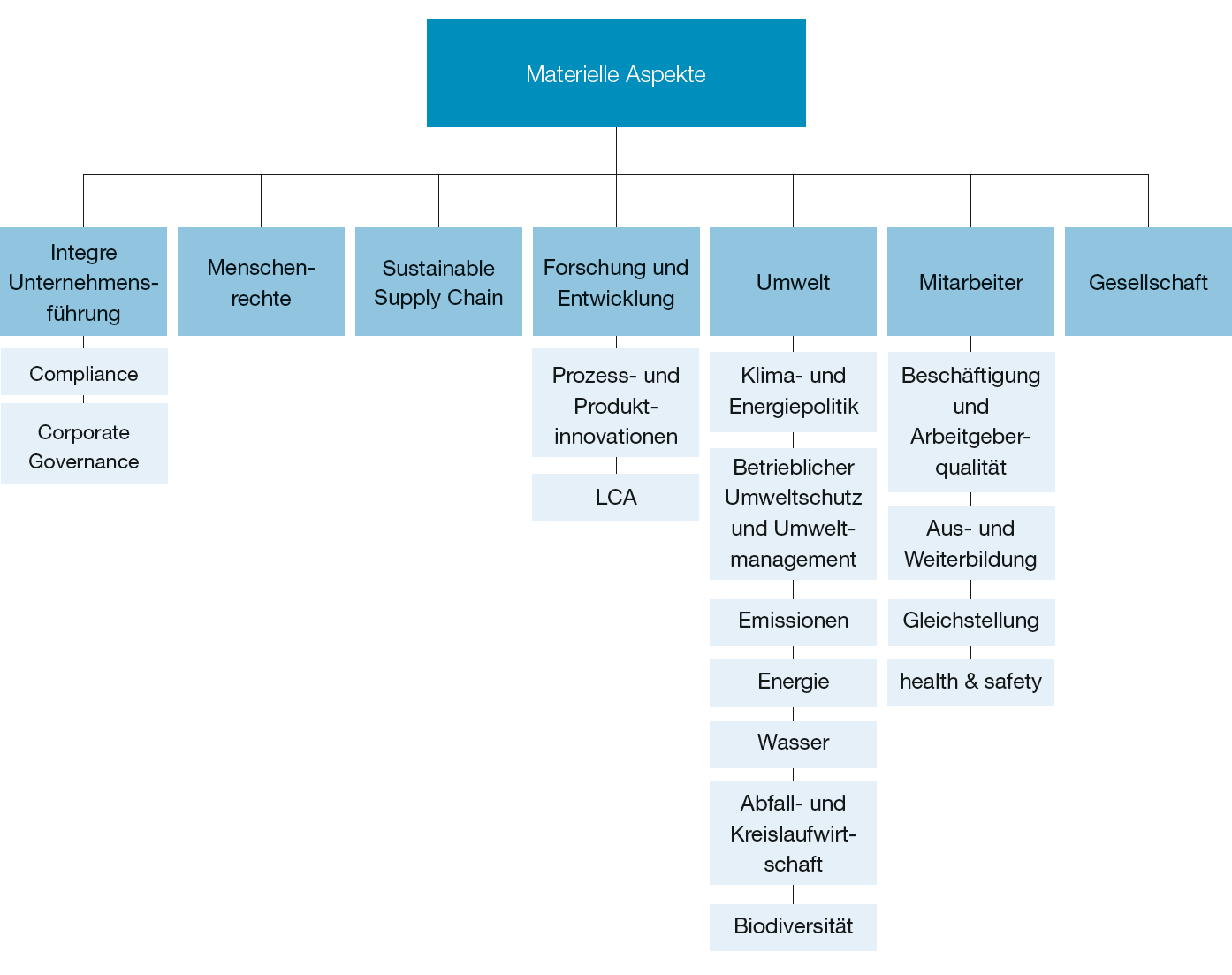 Materielle Aspekte – Integre Unternehmensführung, Menschenrechte, Sustainable Supply Chain, Forschung und Entwicklung, Umwelt, Mitarbeiter, Gesellschaft (Organigramm)