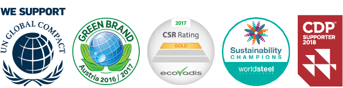 UN Global Compact, Green Brand Austria, CSR Rating 2017 – Gold, Sustainability Champions worldsteel association, CDP (logos)